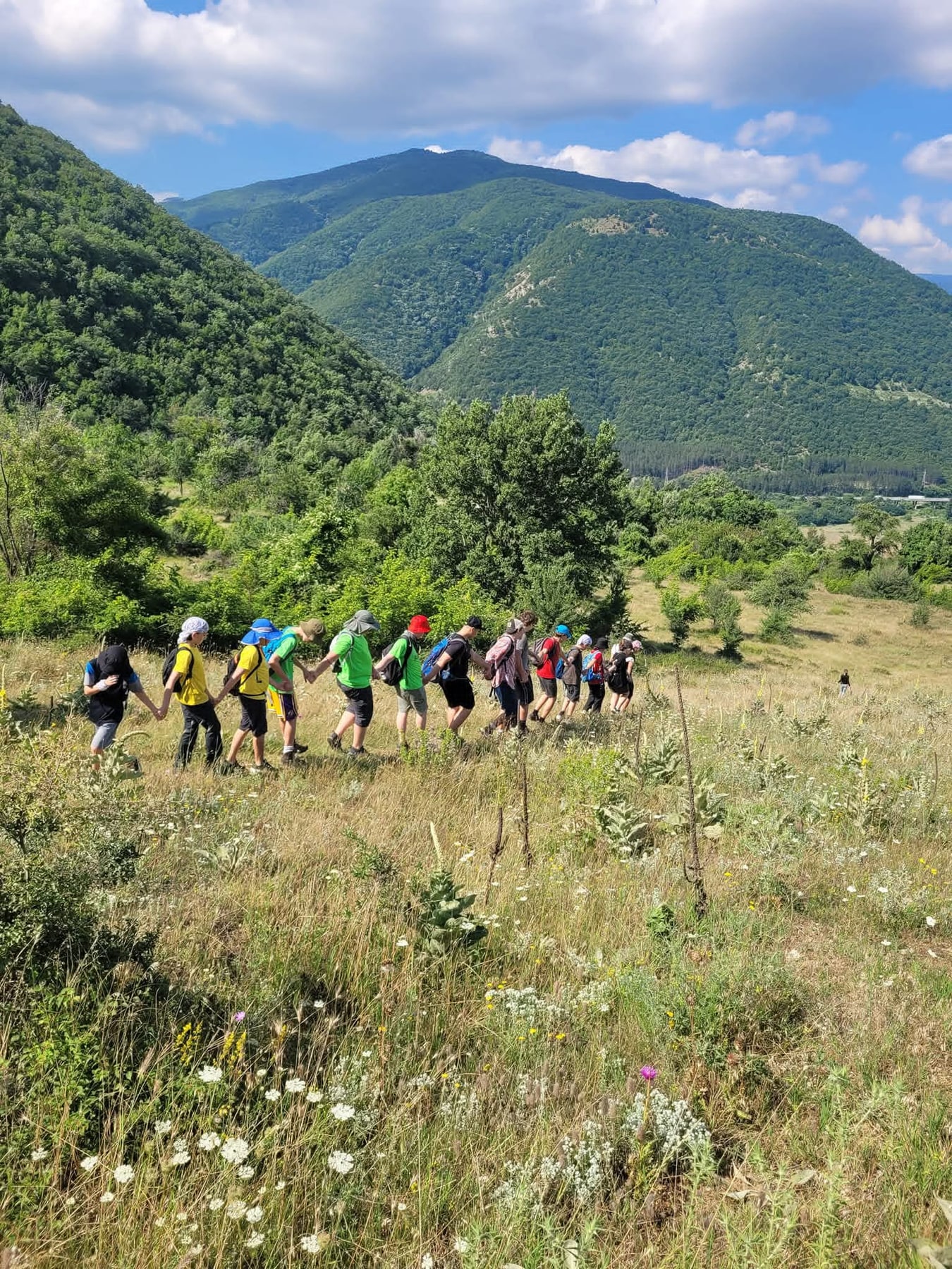 Участники лагеря идут за руки по горному лугу